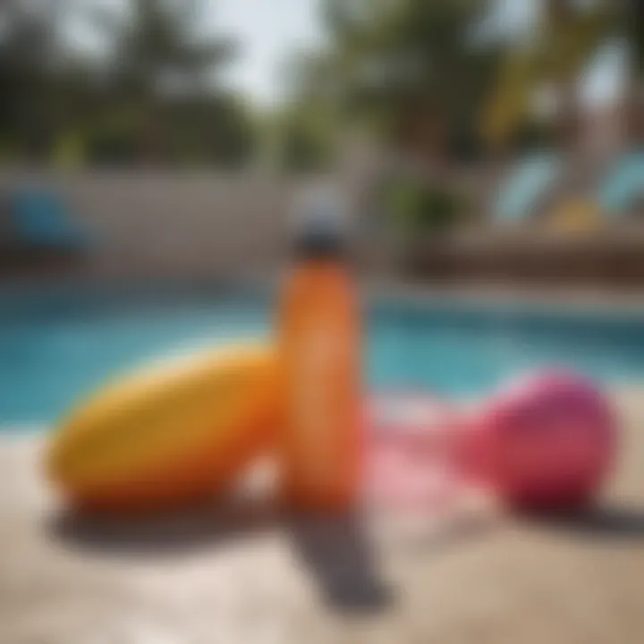 A vibrant poolside scene showcasing colorful swim gear and a bottle of protective hair spray.