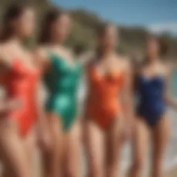 A variety of swimsuit styles displayed on a vibrant beach backdrop