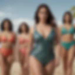 A selection of stylish swimsuits designed for fuller figures, highlighting diverse styles and colors.