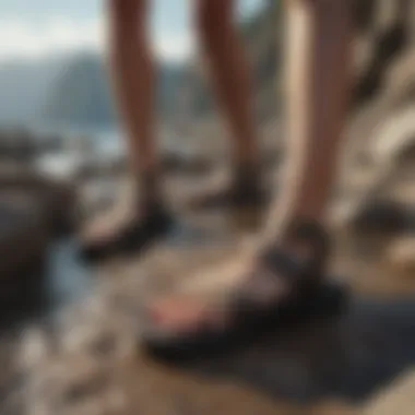 Teva sandals on rocky shore