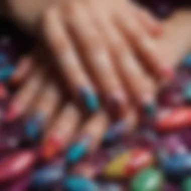 A stunning array of colorful large fake nails showcasing intricate designs and patterns.