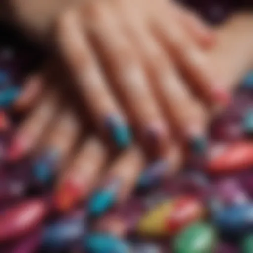 A stunning array of colorful large fake nails showcasing intricate designs and patterns.