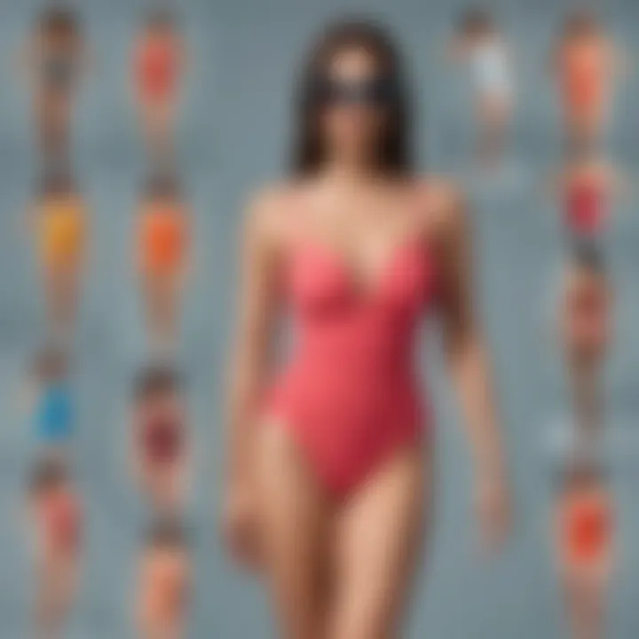 A diverse range of one-piece bathing suits in various colors and styles