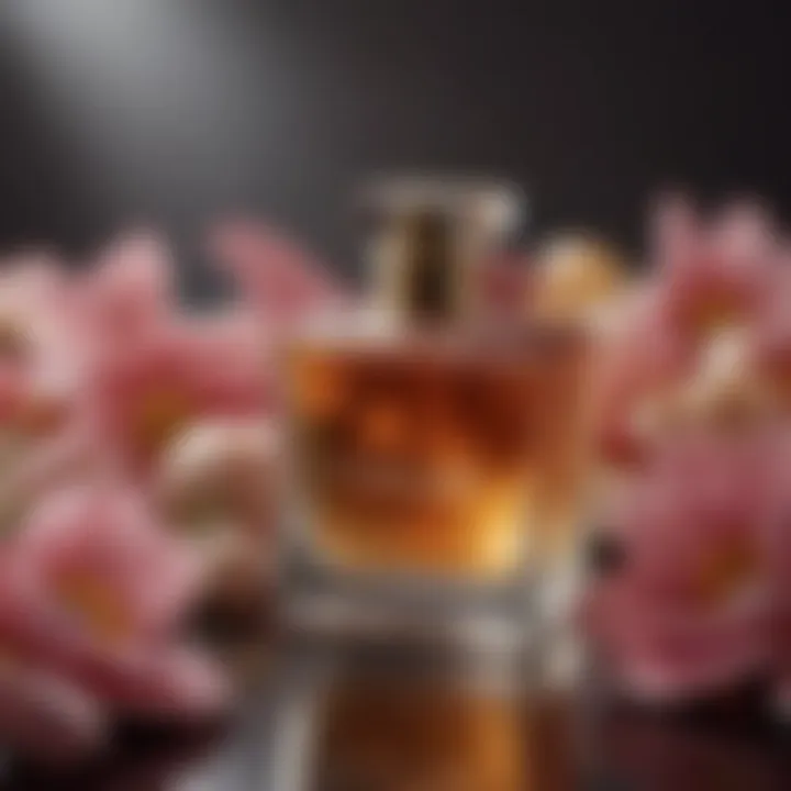 An artistic arrangement of fragrant petals and essential oils in elegant bottles.