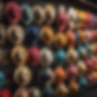 An array of colorful beach hats hanging on a display rack.