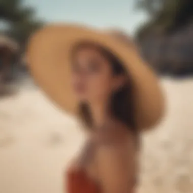 A beach setting with a person wearing a large-brimmed hat, enjoying the sun.