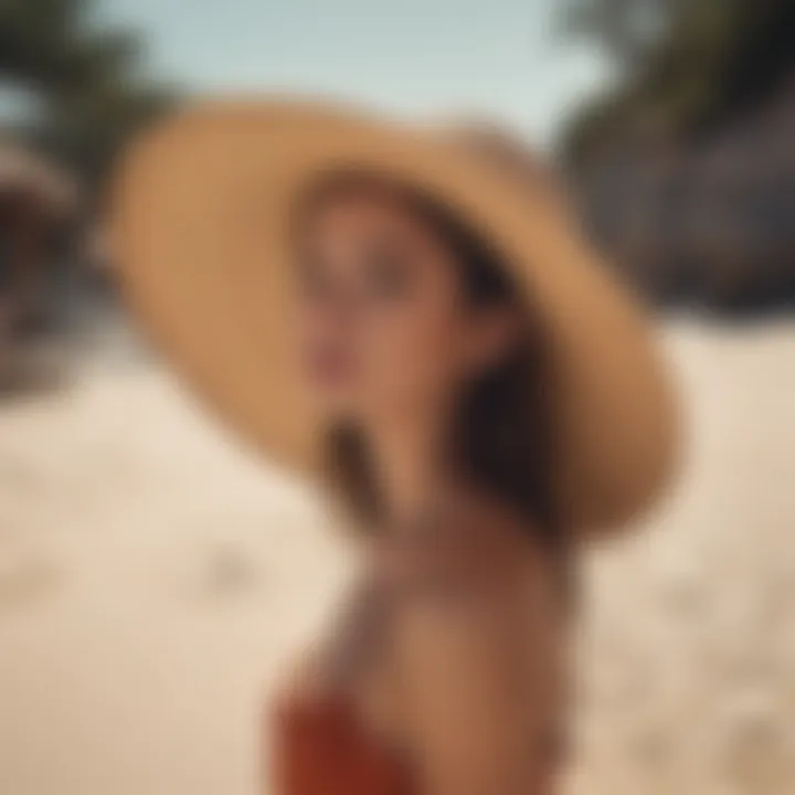 A beach setting with a person wearing a large-brimmed hat, enjoying the sun.