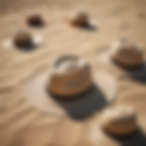 A collection of stylish beach hats displayed on a sandy surface.