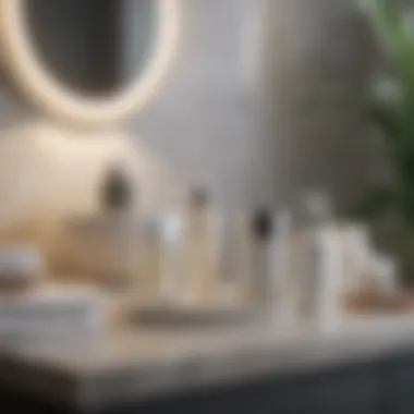 A serene bathroom setting with skincare products on a counter