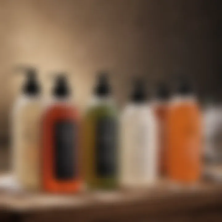 A variety of face wash bottles on a wooden surface