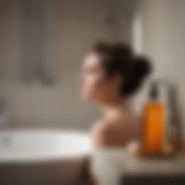 A serene bathroom setting with hair care products