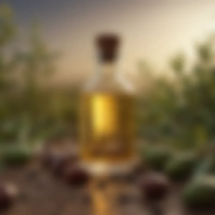 Jojoba oil in a glass bottle surrounded by jojoba seeds