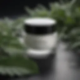 Close-up of an eye cream jar surrounded by botanical ingredients
