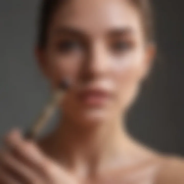 A model applying organic powder foundation with a brush in a natural setting.