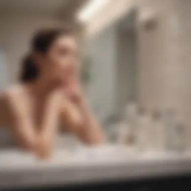 A serene bathroom scene with a person selecting a deodorant, portraying the thoughtful choices involved in personal care.