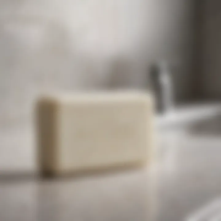 Benzoyl peroxide soap bar on a bathroom countertop