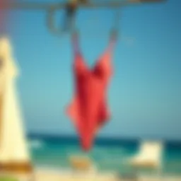 A vintage one piece swimsuit displayed on a beach setting