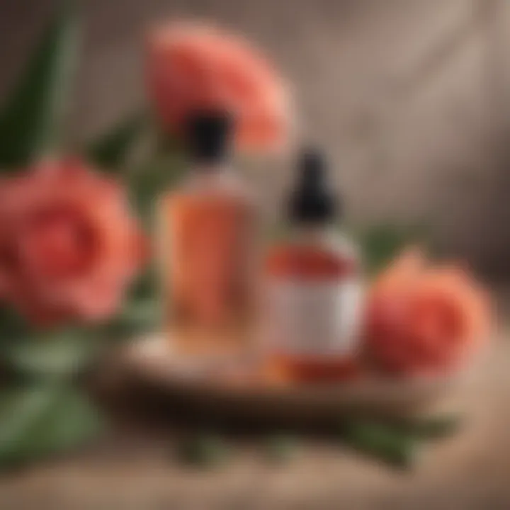 A bottle of rose oil placed beside fresh roses and a small bowl of aloe vera