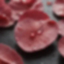 Close-up of rose petals with dew drops highlighting their texture