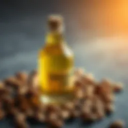 Almond oil bottle with almonds scattered around
