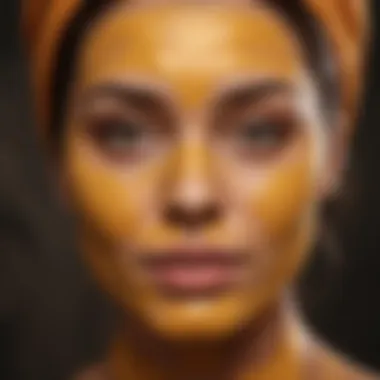 A vibrant turmeric face mask applied on a natural stone background