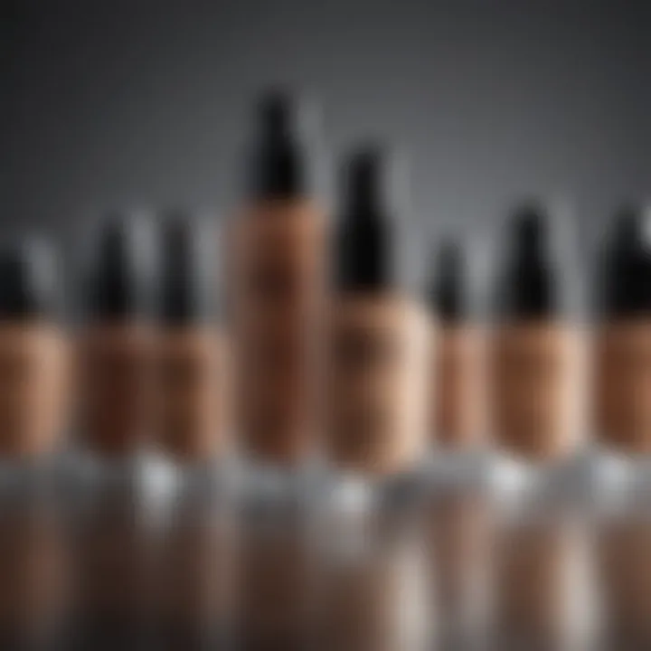 Close-up of various makeup liquid foundation bottles