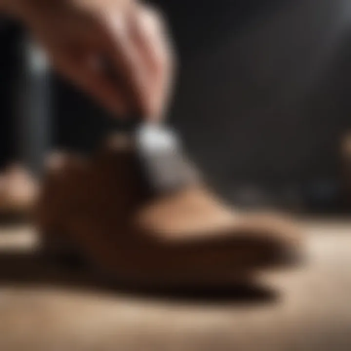 Close-up of suede shoe being gently brushed