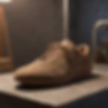 Suede shoe drying naturally in a well-ventilated area