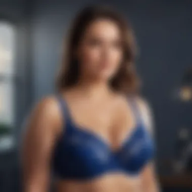 Sophisticated lace detailing on plus size minimizing bra in royal blue