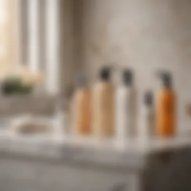 Sunscreen and moisturizer bottles on elegant marble countertop