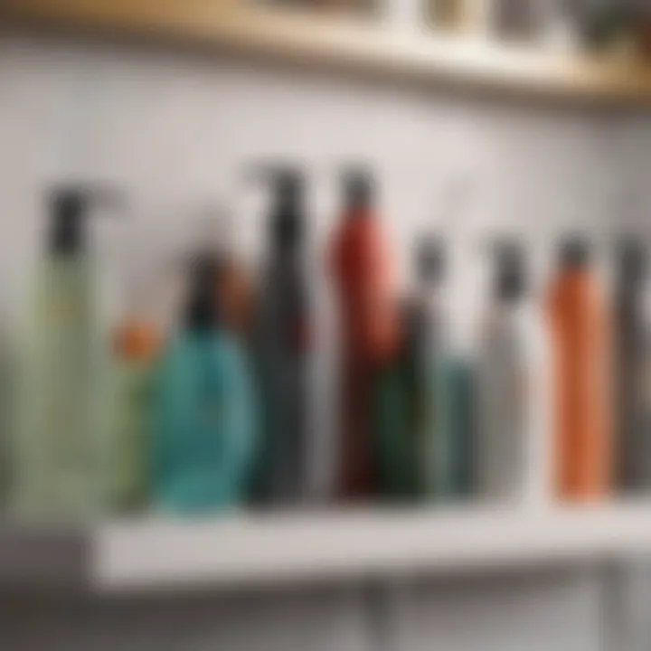 An array of hair care products on a bathroom shelf