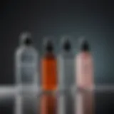 A close-up view of various fresh setting sprays on a vanity