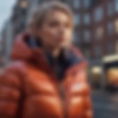 Fashionable puffer jacket showcased against an urban backdrop