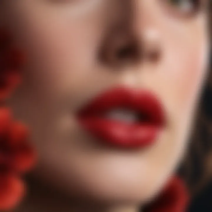 Close-up of a red matte lipstick bullet with intricate floral design