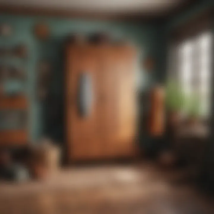 Curated cottagecore wardrobe laid out on a wooden floor