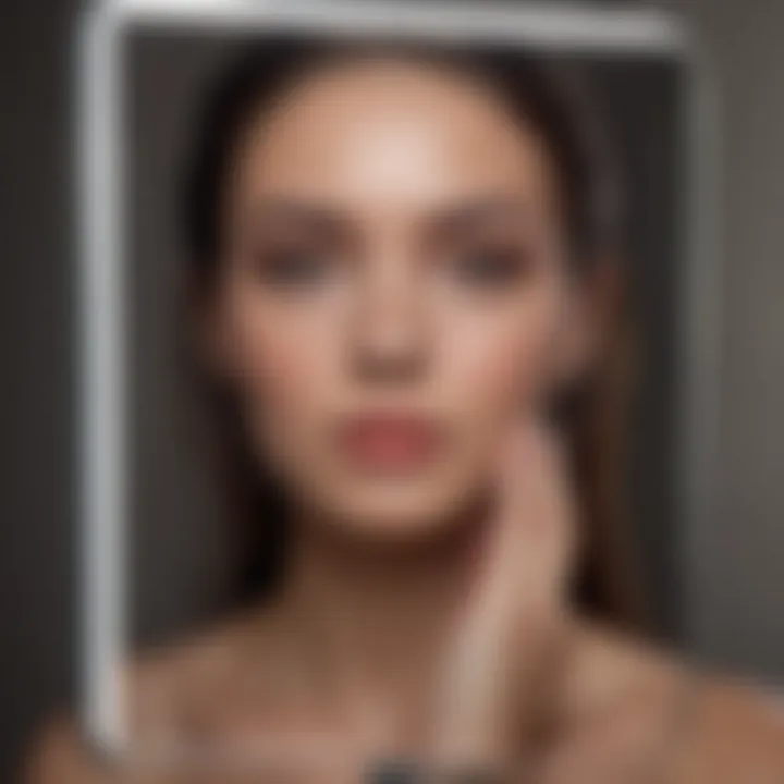 Woman using lighted travel mirror for quick touch-ups